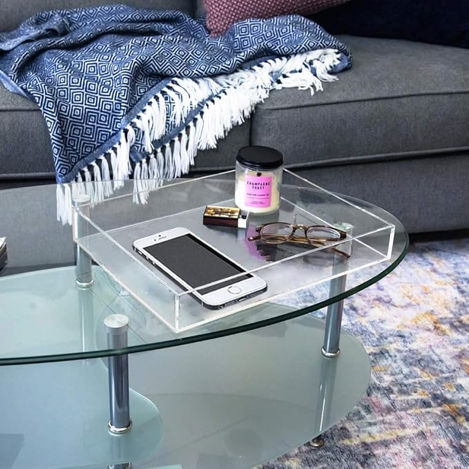 Waterproof Acrylic Serving Tray, Sturdy Thick Nightstand Dresser or Bathroom Vanity Tray Organizer for Change, Coin, Key, Phone, Glasses, Clear Acrylic Storage Valet Organizer
