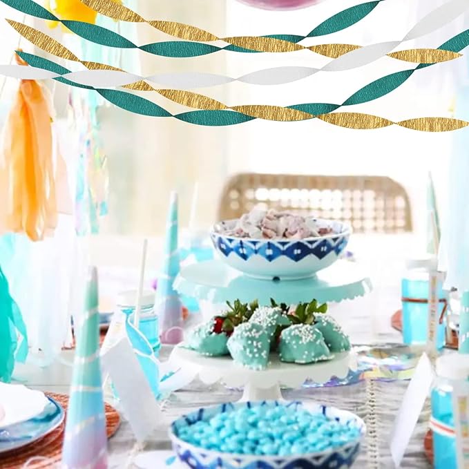 Teal-Turquoise White Gold Party-Decorations Streamers - 9 Rolls Woman Girl Birthday Crepe Tissue Paper Streamer Graduation Wedding Bachelorette Engagement Bridal Baby Shower Garland Decor Panduola