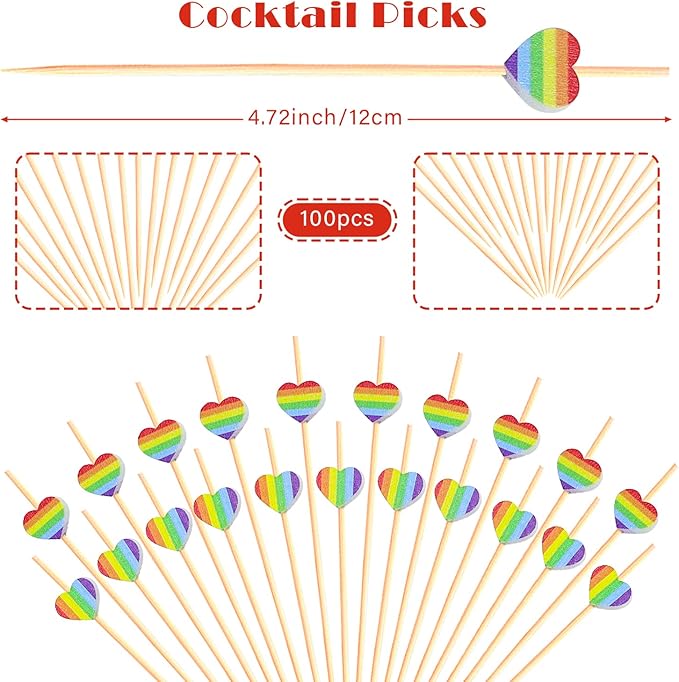 Rainbow Color Love Heart Cocktail Picks Rainbows Stripe Decoration Toothpick Drinks Fruit Dessert Sticks Food Sandwich Appetizer Charcuterie Skewer for LGBT Pride Decorations Party Supplies