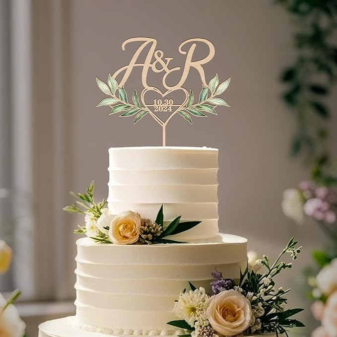 Custom Initials and Date Wedding Cake Topper in Wood Personalized Cake Topper Heart and Green Leaves Design