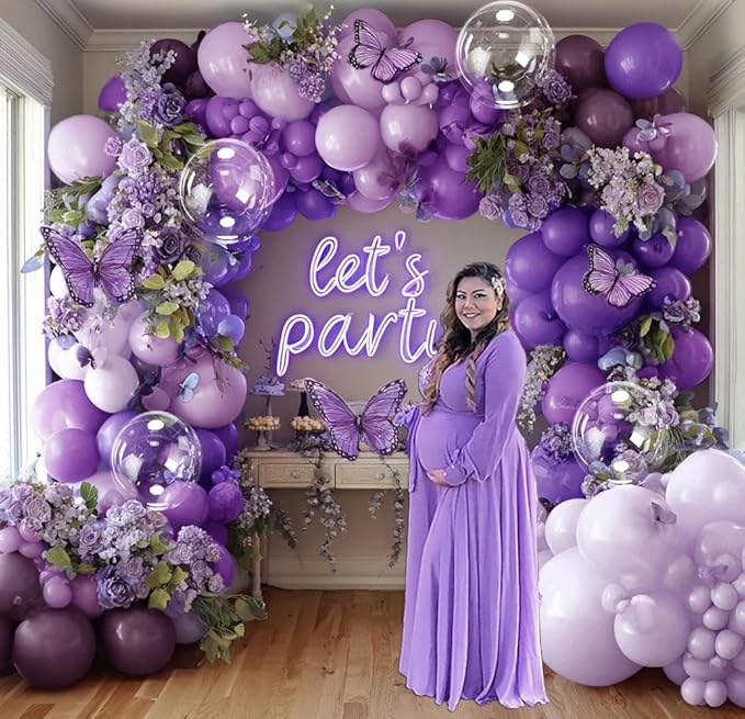 Purple Balloon Arch Garland Kit With Clear Balloons, Double Stuffed Lavender Purple Lilac Balloons for Birthday Wedding Butterfly Baby Shower Fairy Floral Flower Party Decorations