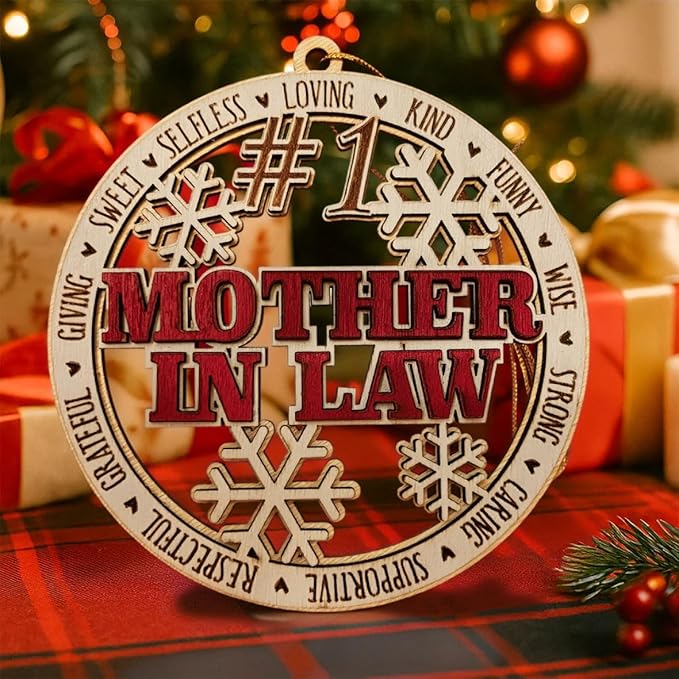 #1 Mother-in-Law Wooden Christmas Ornament – Rustic Holiday Tree Hanging Decoration, Unique for Mother-in-Law, Stocking Stuffer Keepsake