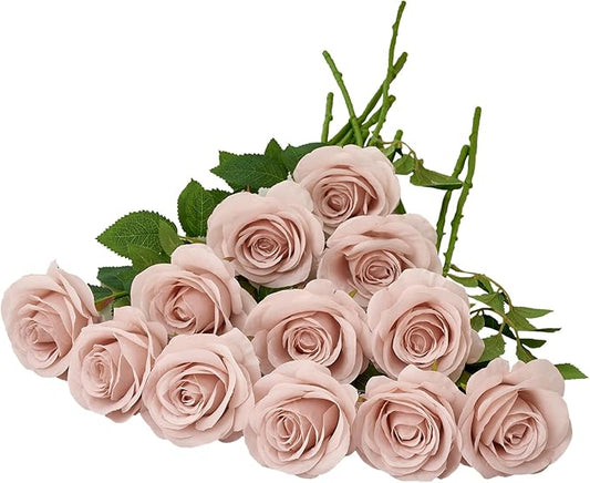 12pcs Roses Artificial Flowers Fake Roses Dusty Pink Silk Roses White Silk Flowers Rose with Long Stems for Wedding Home Party Centerpieces Decorations
