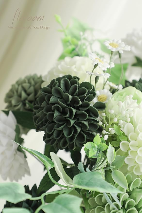 Floroom Artificial Dahlia Flowers 25pcs Real Looking Forest Green Shades Foam Fake Roses with Stems for DIY Wedding Bouquets Bridal Shower Centerpieces Sage Green Floral Arrangements Tables Decoration