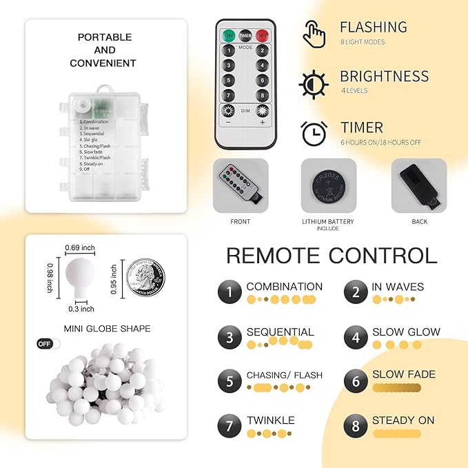 suddus Globe String Lights Battery Operated, 100 Led Battery Powered Fairy Lights, String Lights for Bedroom, Christmas Tree, Patio, Window, Party, Outside, Thanksgiving Decor, Warm White