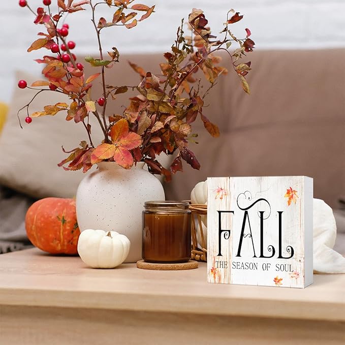 Funny Autumn Maple Leaves Wood Box Sign Fall The Season of Soul Wooden Block Desk Decor for Home Office Kitchen Cubicle Table Shelf Tabletop,Farmhouse Fall Sign Decor