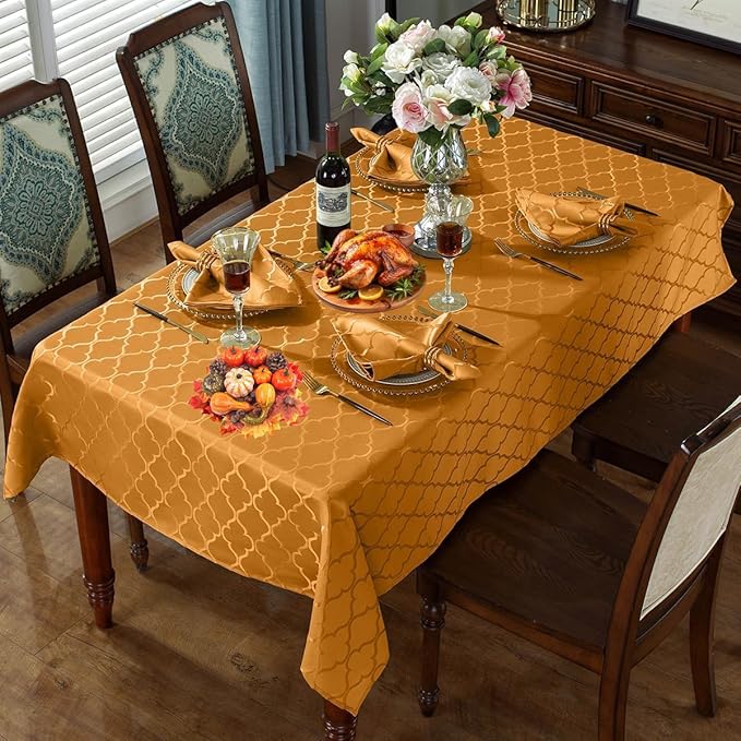 SASTYBALE Amber Jacquard Damask Tablecloth - 52x52 Inch Square (Fits 2-4 Seats) - Fall Thanksgiving Decor - Water Resistant, Wrinkle-Free Polyester Fabric, Rustic Harvest Dining Cover for Parties