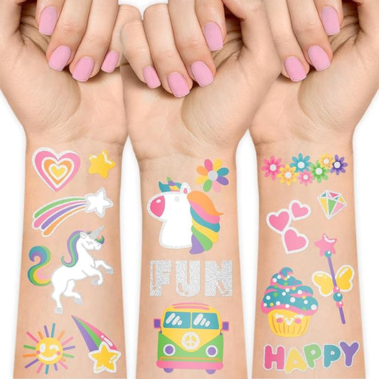 Unicorn Rainbow Temporary Tattoos for Kids, 118 Pcs Metallic Fake Tattoos | Unicorn Birthday Party Supplies Favor, Cute Rainbow Flower Design, 4 Sheets Bronzing Tattoos for Boy and Girls