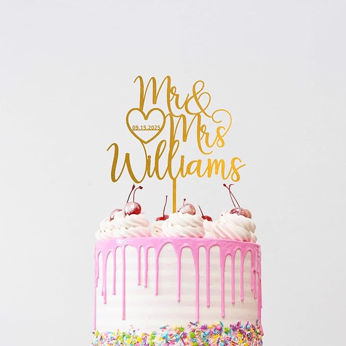 Noni Luxury Personalized Wedding Cake Topper with date and heart, Custom Couples Script Cake Topper for Weddings, Rustic Cake Topper, Custom Cake topper, Mr and Mrs Cake Toppers for Wedding