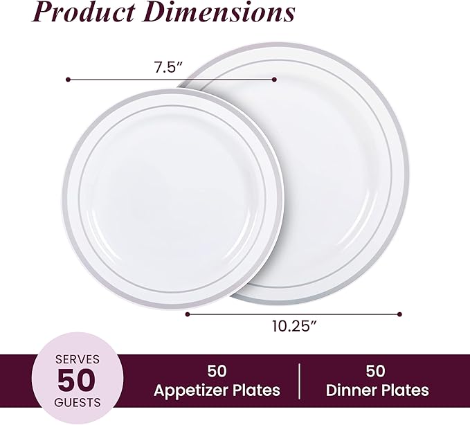 Aya's 100 Silver Rimmed Disposable Dinner and Dessert Plates Set - 50 Large and 50 Small Heavy Duty Plastic Plates - Elegant Design for Weddings, Parties, Events - Durable and Stylish