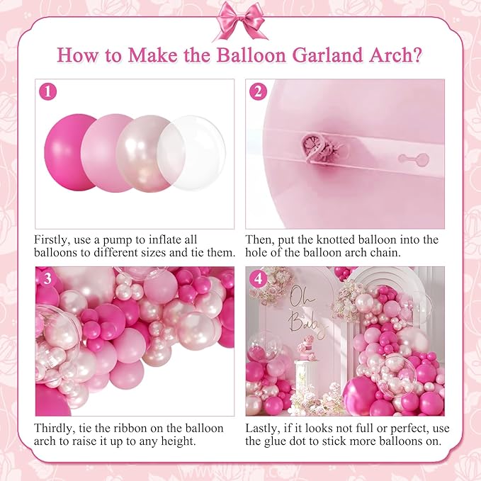 Hot Pink Balloon Arch Kit 101Pcs Double Stuffed Pearl Pink Light Pink Clear Balloon Different Size for Princess Wedding Birthday Baby Shower Bachelorette Party Decorations