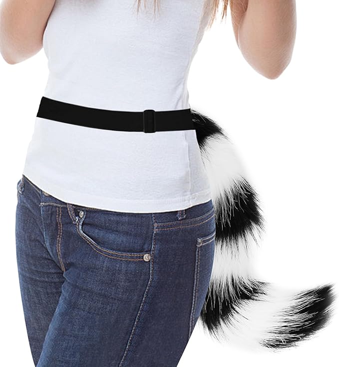 Animal Cat Wolf Fox Dog Faux Fur Tail for Halloween Party Cosplay Costume Accessories Whiteblack