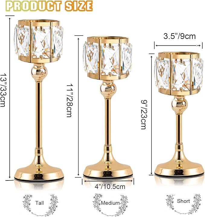 Crystal Tealight Candle Holders Set of 6 (9''/11''/13'') - Elegant Metal & Glass Centerpieces for Stunning Home Decor (Gold)