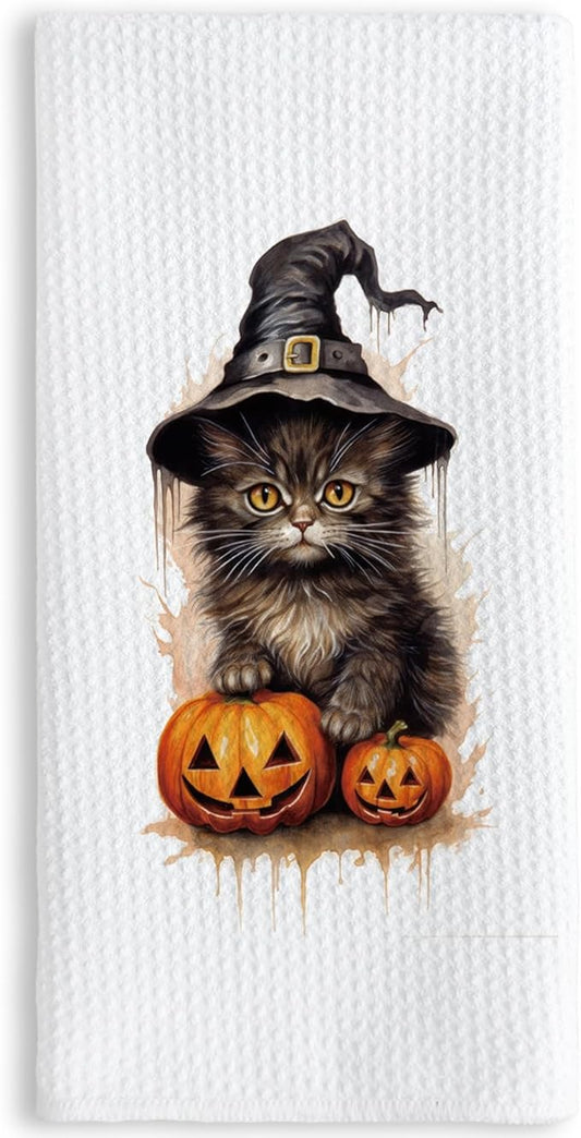 TNUW Black Cat Halloween Kitchen Towels 16x24 Inch, Black Cat Mom Lovers Gifts Dish Tea Towels for Kitchen, Halloween Spooky Pumpkin Witchy Kitten Decorative Hand Towel for Bathroom Decor