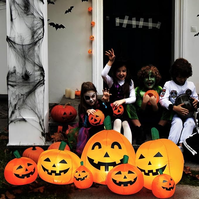 Halloween Inflatable Pumpkin Outdoor Decoration,JackoLanterns with Build-in LED Lights, Blow Up 7 Pcs Pumpkins Patch for Halloween Party Indoor Garden Lawn Yard Decor (7.5 FT 7 Pumpkins)
