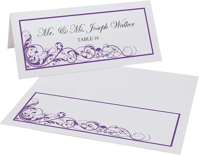 Scribble Vintage Swirl Printable Place Cards, Purple (Choose Color), Set of 150 (25 Sheets), Laser & Inkjet Printers - Wedding, Party, Dinner, and Special Events