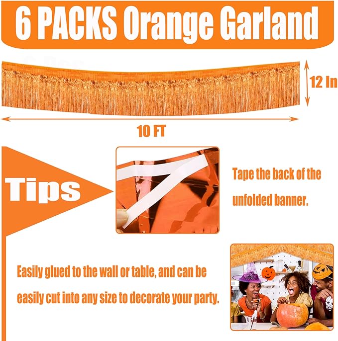 6 Pack 10 Feet Foil Fringe Garland Metallic Tinsel Streamers Banner Wall Hanging Curtain Backdrop for Parade Floats, Bachelorette, Wedding, Birthday, Halloween, Christmas Party Decorations(Orange)