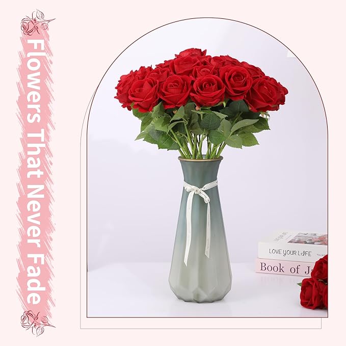 52 PCS Red Artificial Roses Bulk, Fake Artificial Flowers Bridal Bouquet Silk Faux Rose with Stems for Wedding Flowers Decoration, Valentine's Day, Bridal Bouquet, Anniversary, Home Decor (52PCS)