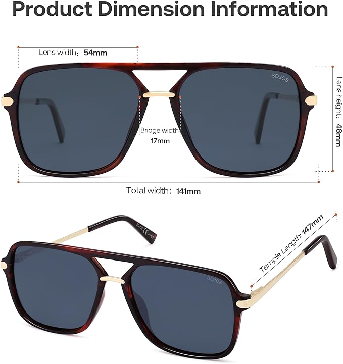 SOJOS Sunglasses for Women & Men, Square, Retro, Polarized Lens, Trendy Aviator, 90s Shades