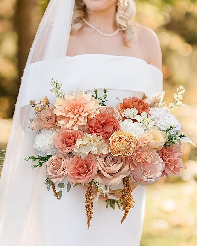 Roses Artificial Flowers Orange Fake Flower with Stems for DIY Wedding Bouquets Bridal Baby Shower Centerpiece Table Decorations Silk Faux Floral Arrangements for Party Home Decor Indoor Peach