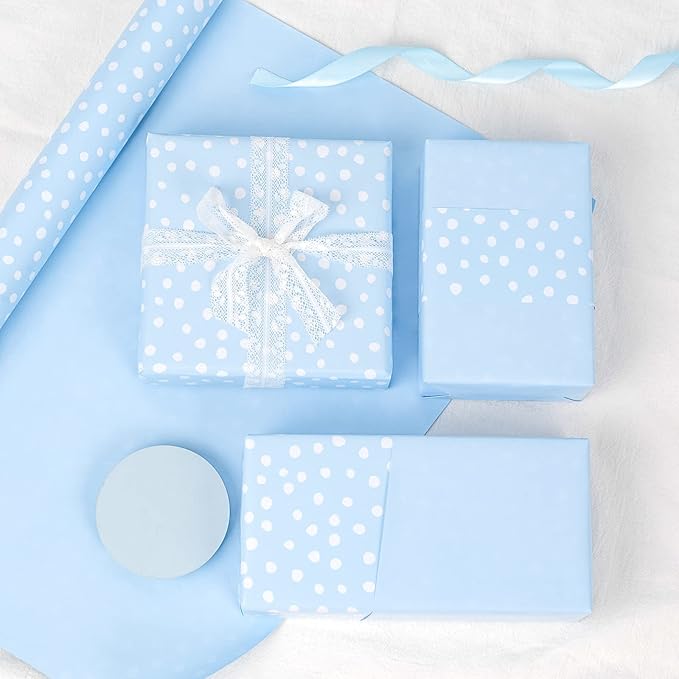 WRAPAHOLIC Reversible Wrapping Paper - Mini Roll - 30 Inch x 33 Feet - Light Blue and Delicate Polka Dot Wrapping Paper for Baby Shower, Birthday, Wedding, Holiday
