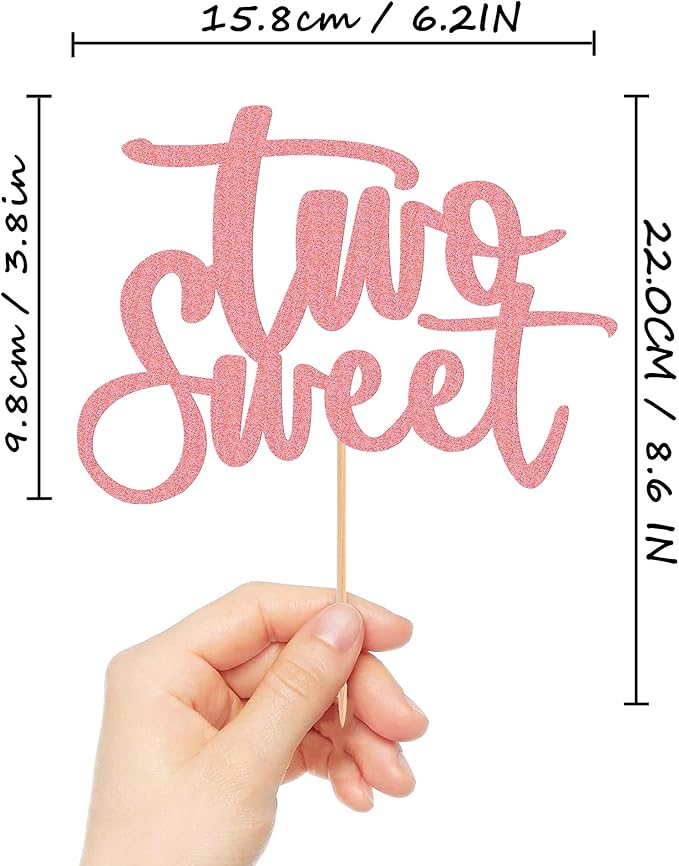 Two Sweet Cake Topper - Glitter Pink 2nd Birthday Cake Decorations, Second Anniversary Cake Pick (Pink)