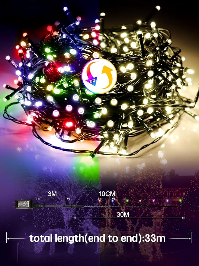 115FT 300 LED Christmas Lights Outdoor, Warm White & Multicolor Color Changing String Lights with Remote Control, 8 Modes Fairy Light Plug in Waterproof for Christmas Tree Xmas Decorations Party