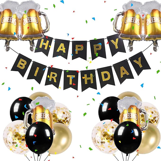 ZHENGYE Black Gold Birthday Decorations Set Happy Birthday Banner Latex Balloon Beer Balloons Beer Themed Decoration Party Supplies