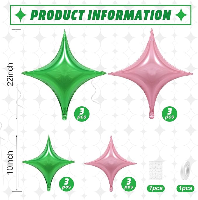 Pink Green Balloons,12Pcs Four Angle Star Foil Balloons,26Inch and 10Inch Pink Green Quadrangle Star Helium Polyester Film Balloon for Witch Birthday Anniversary Party Decorations