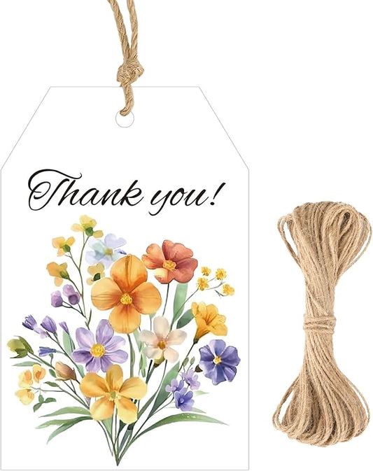 G2PLUS 50Pcs Thank You Tags - 3.3x2.2 in Floral Gift Tags with String, Thank You for Celebrating with Us Tag, White Paper Party Favors Hangtag for Wedding, Baby Shower, Bridal Shower, Birthday