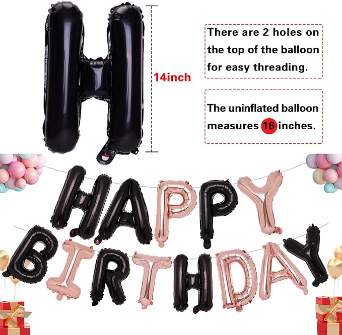 Accevo Black Rose Gold Happy Birthday Banner, 16 Inch Mylar Foil Letters Birthday Balloon, Happy Birthday Balloon for Kids, Child, Adults, Boys & Girls Happy Birthday Sign Birthday Party Decorations