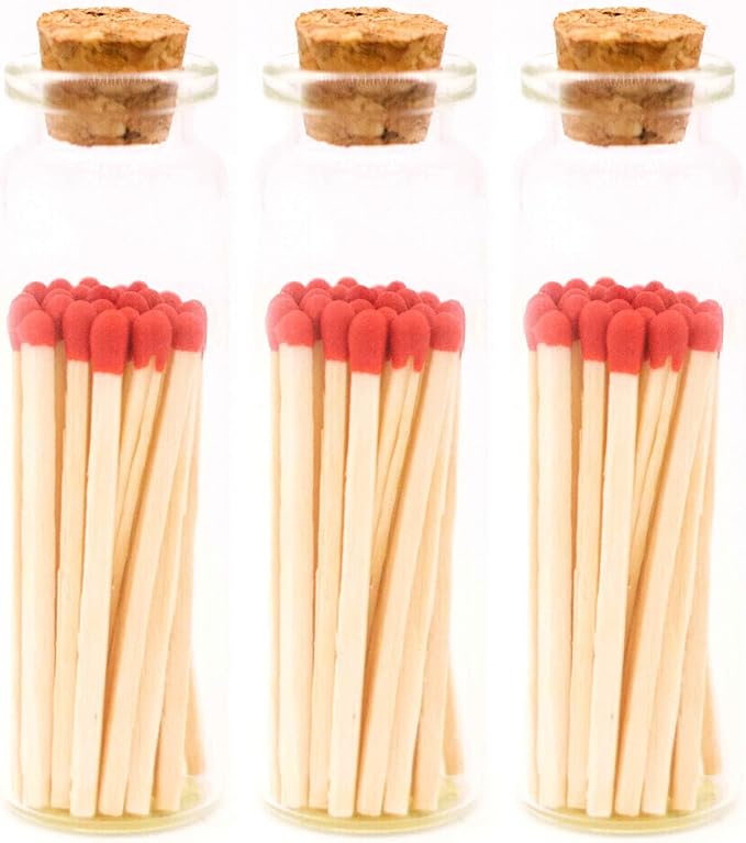 River Birch Decorative Matches in a Bottle with Striker - Cute & Colored Matches - 3 Bottles, Cherry Red Tip, 60 Matches