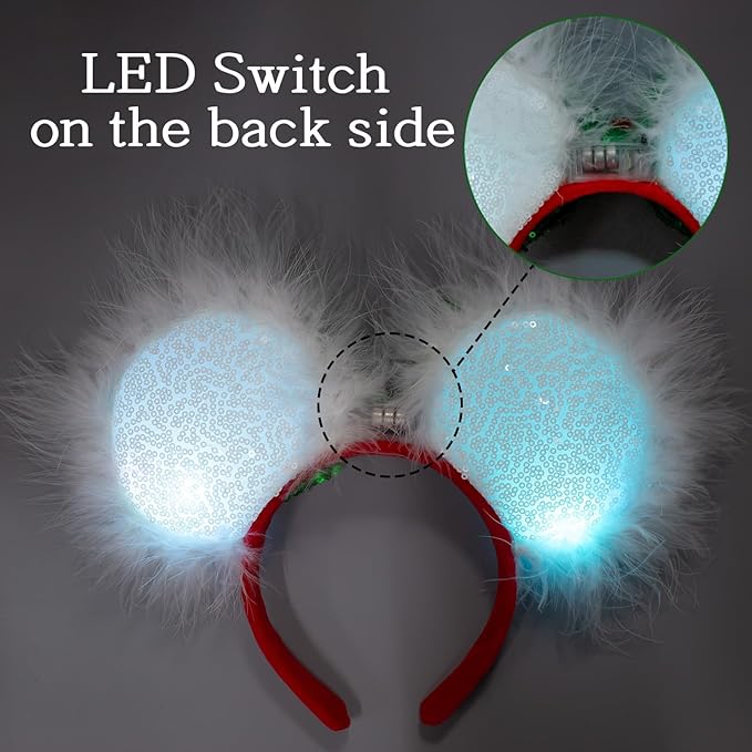 JIAHANG Christmas LED Flash Mouse Ear Headband, Lollipop Light Up Furry Edged Sequin Bow Hairband, Glowing Festival Party Decoration Headwear for Women Girls