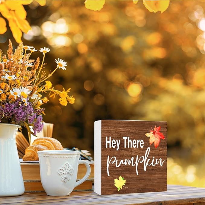 Funny Autumn Wood Box Sign Hey There Pimpkin Wooden Block Desk Decor for Home Office Kitchen Cubicle Table Shelf Tabletop,Farmhouse Fall Sign Decor