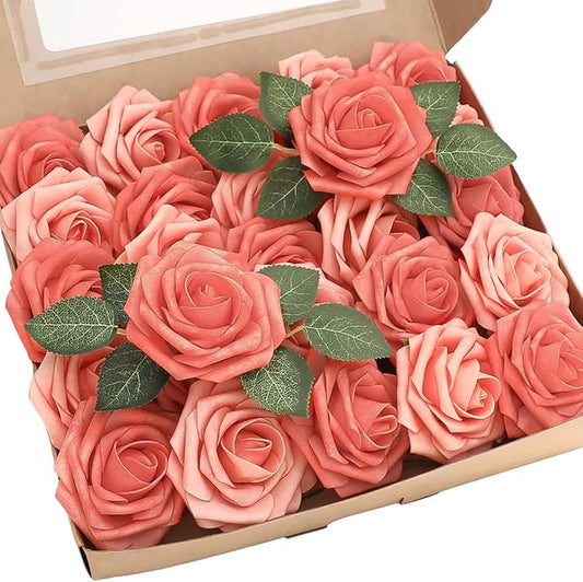 Floroom Artificial Flowers 25pcs Real Looking Mixed Living Coral Foam Fake Roses with Stems for DIY Wedding Bouquets Bridal Shower Centerpieces Floral Arrangements Party Tables Home Decorations