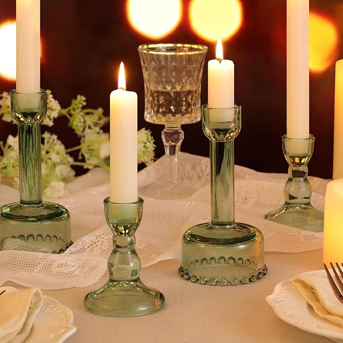 Circle Candlestick Holders Bulk, 6 Pcs Green Combination Candle Holders Set, Crystal Candle Holders for Wedding, Table Centerpiece, Home Decoration