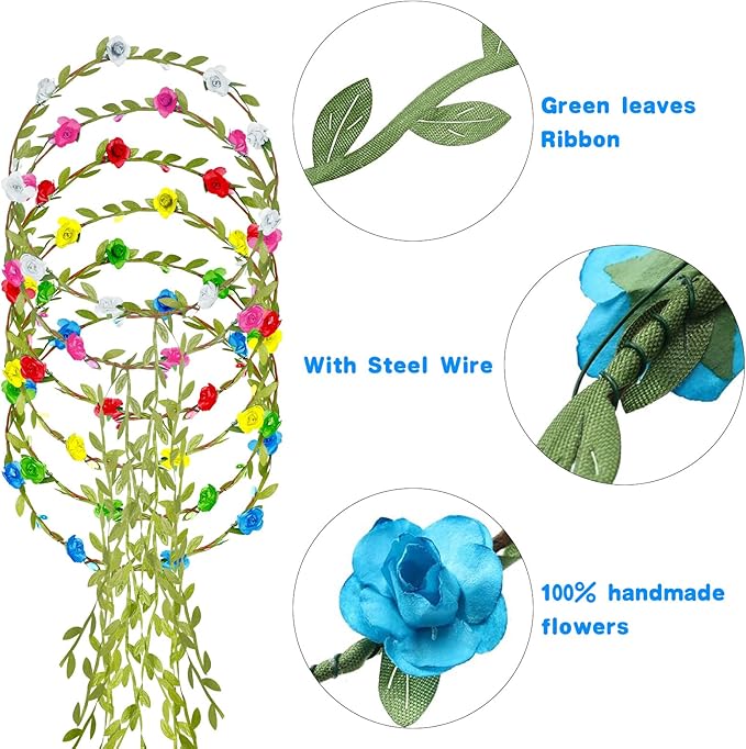 30 Pcs Assorted Colored Flower Crown Bohemian Floral Garland Headbands Multicolor Headband Garland Wreath Green Leaves Decor for Women Wedding Birthday Fairy Party Favor Supplies