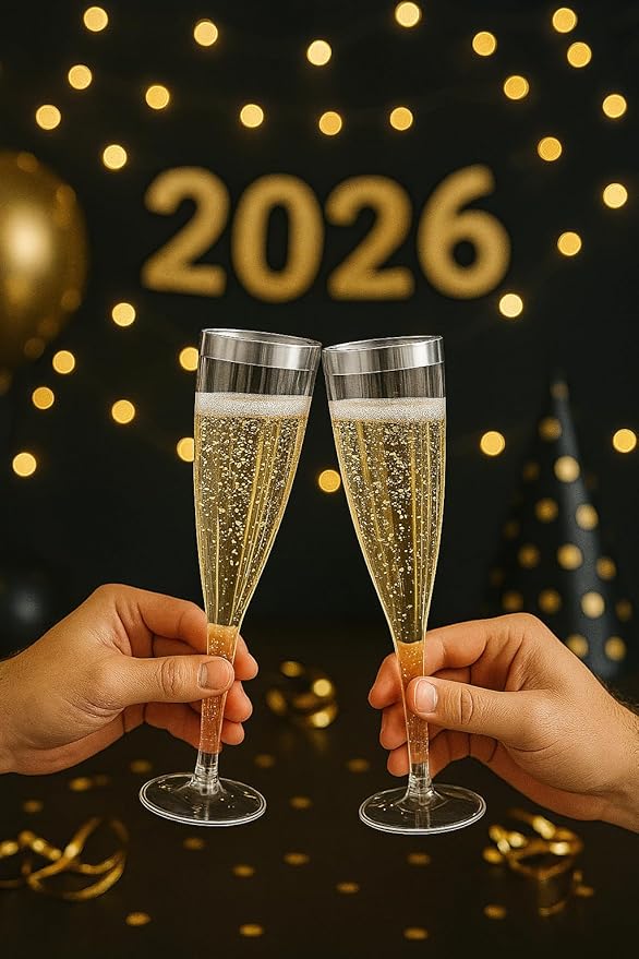 Oojami 100 Plastic Classic Champagne Disposable Flutes for Parties Plastic cups Wedding Party Toasting Cocktail Cups Bulk Party Pack (Silver Rim)