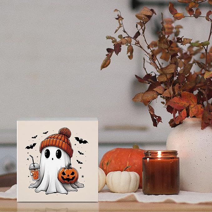 Cute Boo Fall Decor Halloween Fall Decorations Autumn Pumpkin Decor for Home Office Spooky Ghost Halloween Autumn Decorations for Desk Table 5 x 5 inches