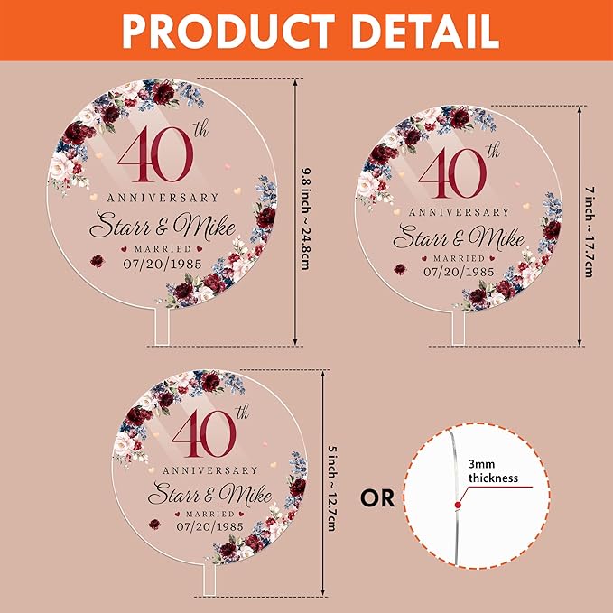 Personalized 40th Wedding Anniversary Acrylic Cake Topper, 40 th Anniversary Decorations, 40th Wedding Decor, 40 Wedding AnniversaryDecor