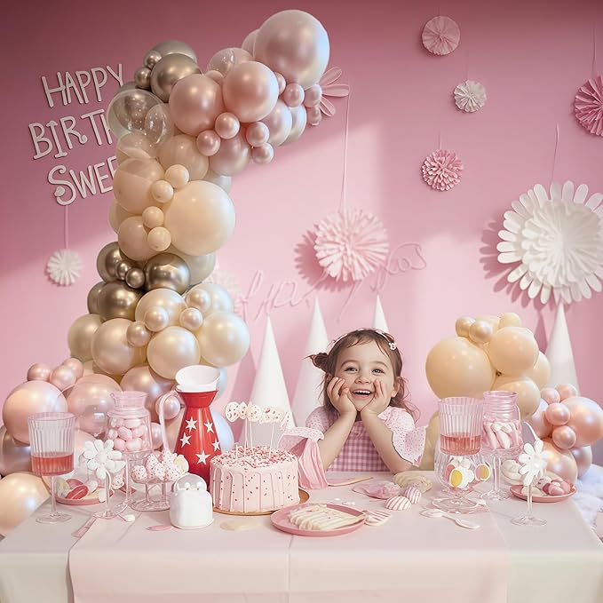 Dusty Pink and Gold Balloon, 12 Inch Double Stuffed Pearl Pastel Blush Pastel Pink Light White Metallic Gold Latex Balloons for Women Girls Birthday Baby Bridal Shower Wedding Boho Party Decorations