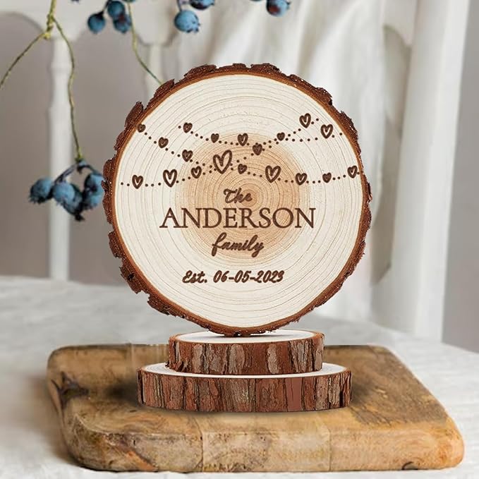 Wedding Cake Topper - Personalized Family Cake Toppers with Anniversary Date, Wooden Engarved Bridal Showers and Events Decorations Handmade Wood Circles Celebration GIfts