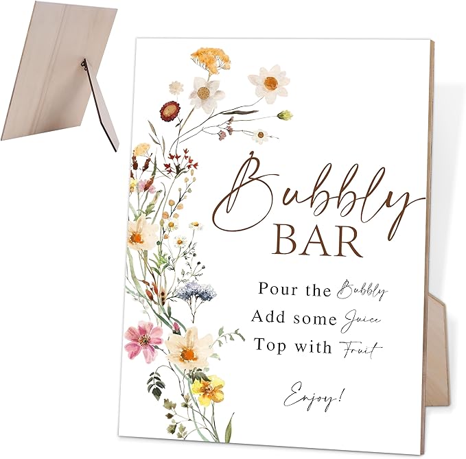Flower Bubbly Bar Sign, Bubbly Bridal Shower Sign for Wedding, Champagne Party Decorations, Bridal Shower Decorations, Table Centerpieces for Party, 6X8 Inch Wooden Wedding Sign with Stand, 4