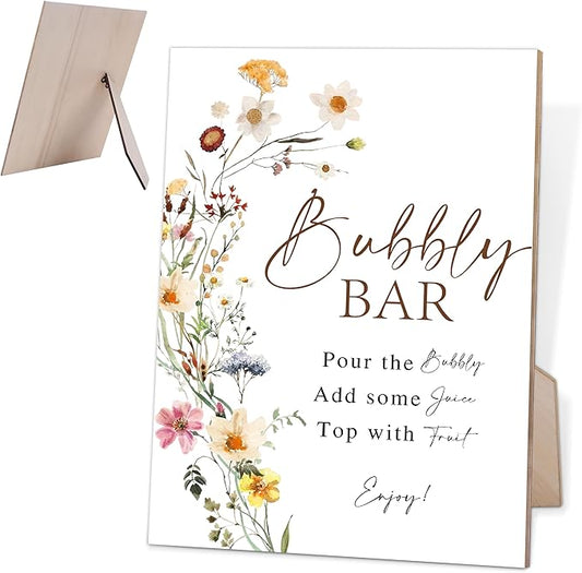 Flower Bubbly Bar Sign, Bubbly Bridal Shower Sign for Wedding, Champagne Party Decorations, Bridal Shower Decorations, Table Centerpieces for Party, 6X8 Inch Wooden Wedding Sign with Stand, 4