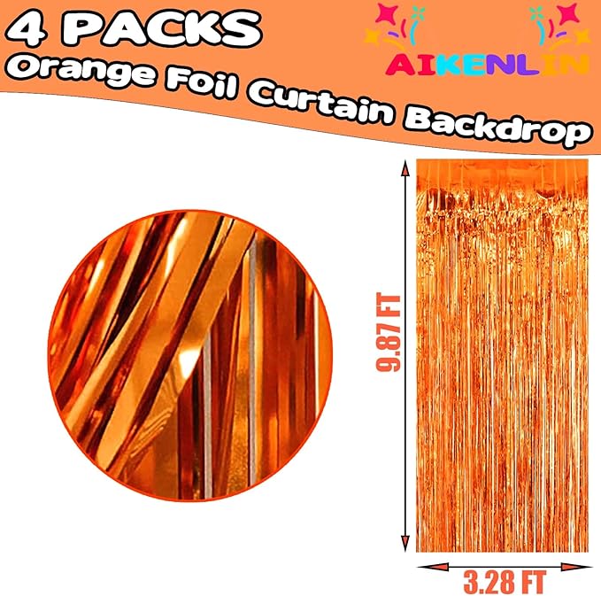 4 Pack Orange Foil Fringe Curtain Backdrop, 3.2Ft x 9.8Ft Metallic Tinsel Foil Fringe Streamers Curtains for Party, Photo Booth Prop, Birthday, Wedding, Christmas Party Decoration Supplies