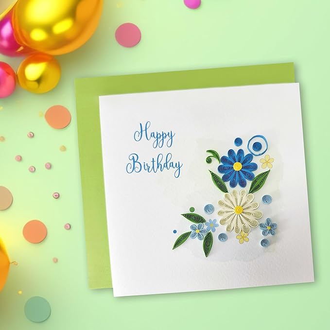 Quilled Birthday Card - Happy Birthday Quilled Floral Greeting Cards for Women -Blank Inside Quilling Cards for Woman- 6x6 Handmade 3D Paper Art Design with Luxury Green Envelope (Floral)