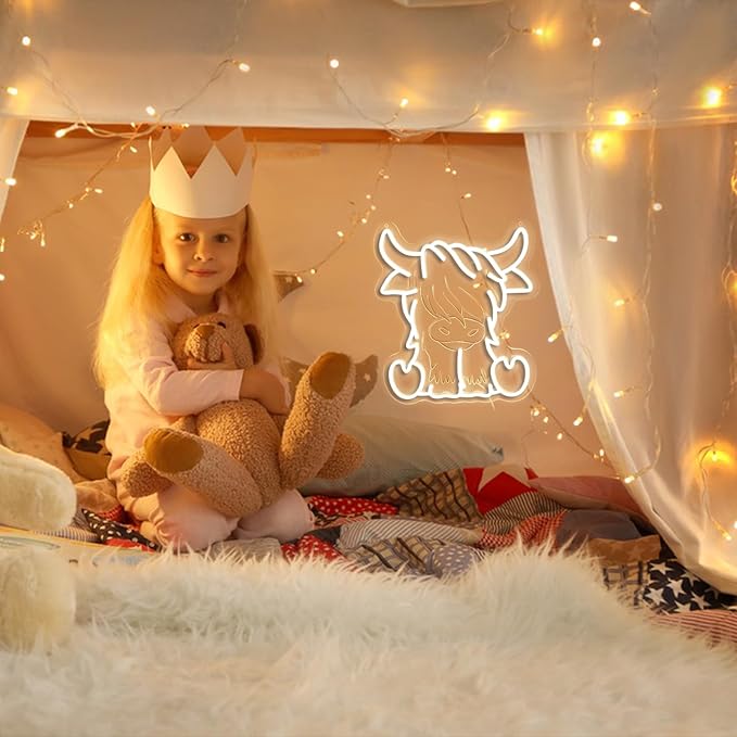 Highland Cow Neon Sign,Warm White Cow Night Light,Farmhouse Decor Sign,Hanging Neon Sign For Kids Room Living Room Birthday highland cow party decorations