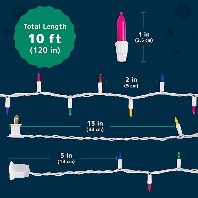 PREXTEX 50 Ct. Multi-Color Christmas Tree Lights with White Wire - 10 Ft Holiday String Lights for Indoor and Outdoor Use - Multicolor Twinkle Christmas Tree Decoration with End-to-End Connectors