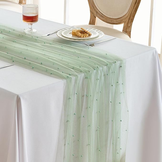 Fanami 1 Pack Pearl Table Runner -10FT Sage Green Boho Tulle Table Runners 120 Inches Long Rustic Sheer Lace Fabric Centerpieces for Wedding Arch Birthday Party Bridal Veil Baby Shower Decorations