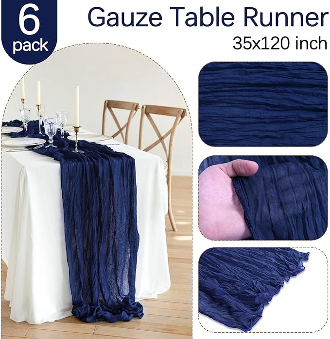 6 Pack Royal Blue Cheesecloth Table Runner 10FT Boho Gauze Fabric Table Runner 35 x 120 Inch Rustic Sheer Runner for Wedding Decor Baby Shower Party Boho Table Decoration